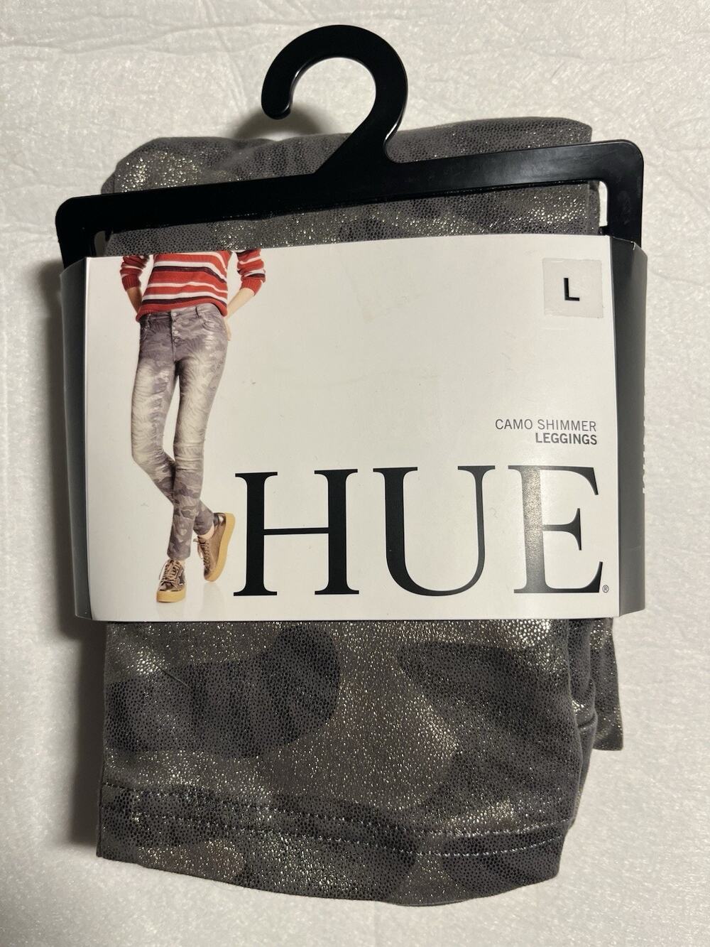 HUE Camo Shimmer Leggings Women’s Large L Metallic Gray Skinny Stretch NWT